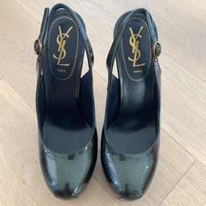 Yves Saint Laurent Dark Green Patent Leather Tribtoo Slingback Pumps Size 36.5
